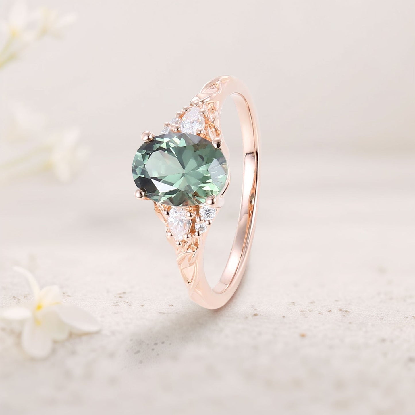 Unique Oval Green Lab Sapphire and Moissanite Wedding Ring