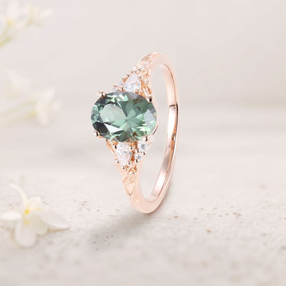 Unique Oval Green Lab Sapphire and Moissanite Wedding Ring