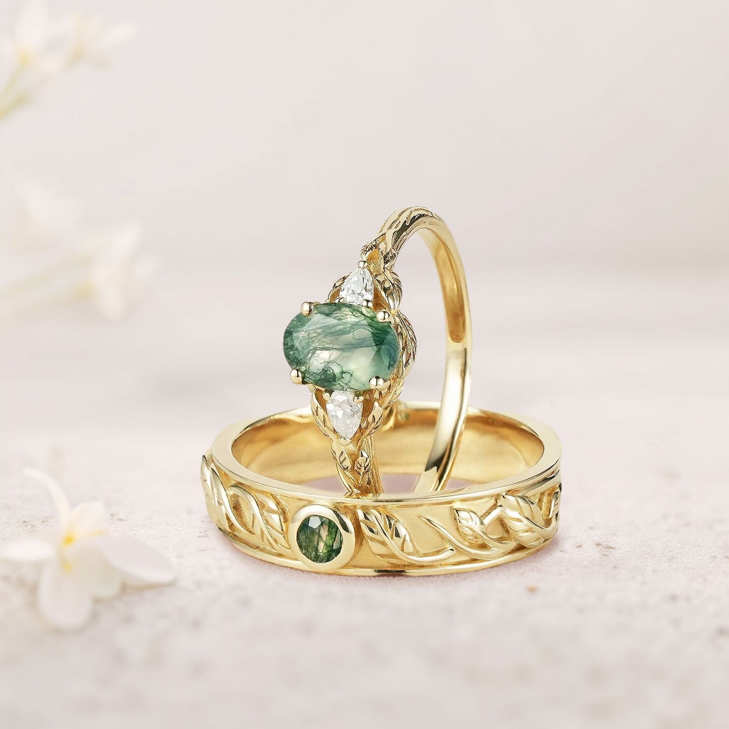 Unique Leaf Design Oval Moss agate and Moissanite Wedding Ring Promise Ring for Couples