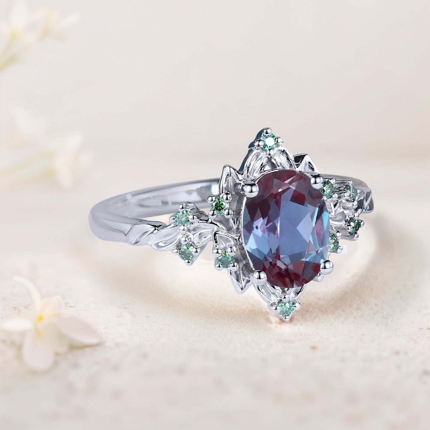 Vintage Briar Rose Oval Lab Alexandrite Engagement Ring Olive Leaves Ring