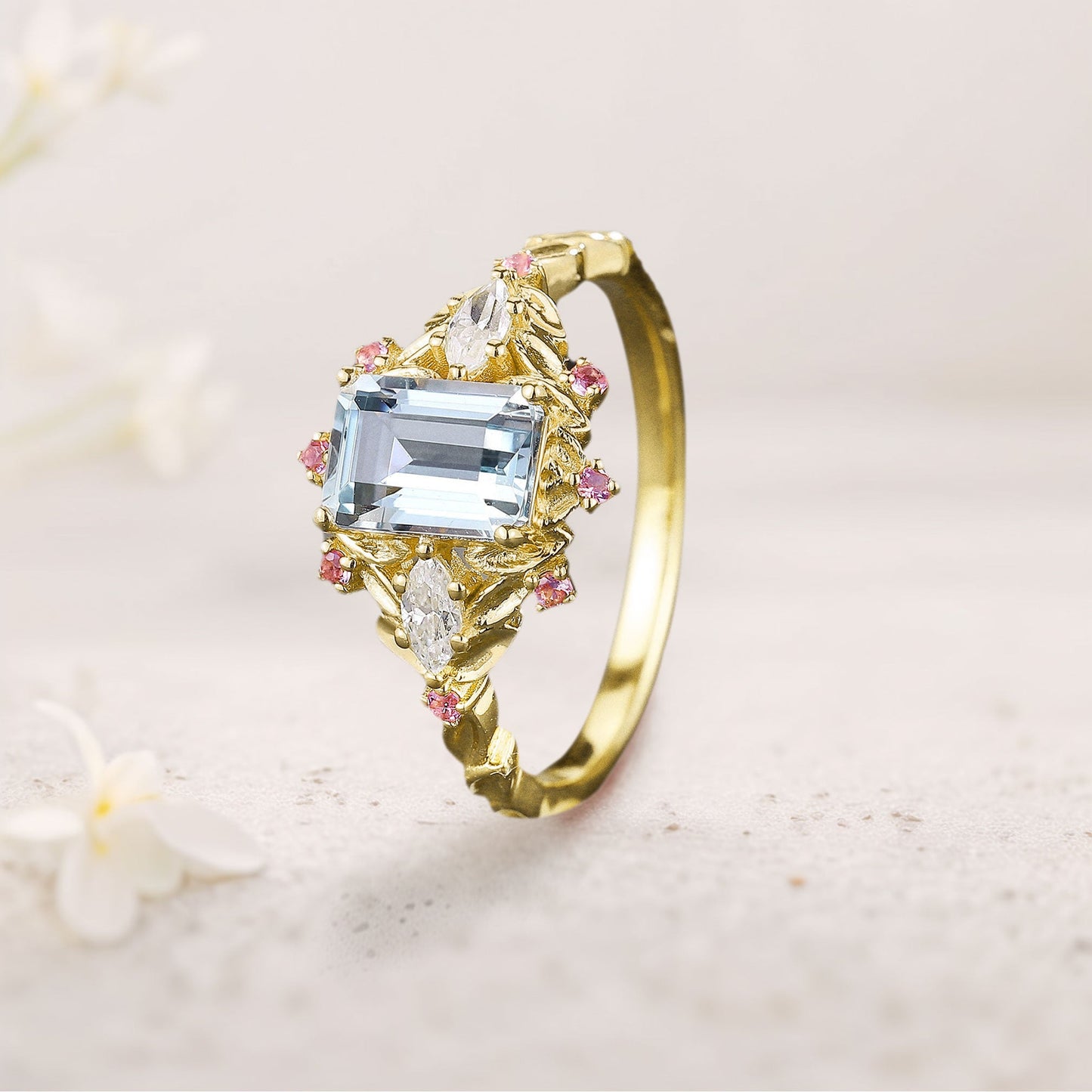 Unique floral engagement rings Emerald Cut Lab Aquamarine Engagement Ring Pink Sapphire Flower Wedding Ring