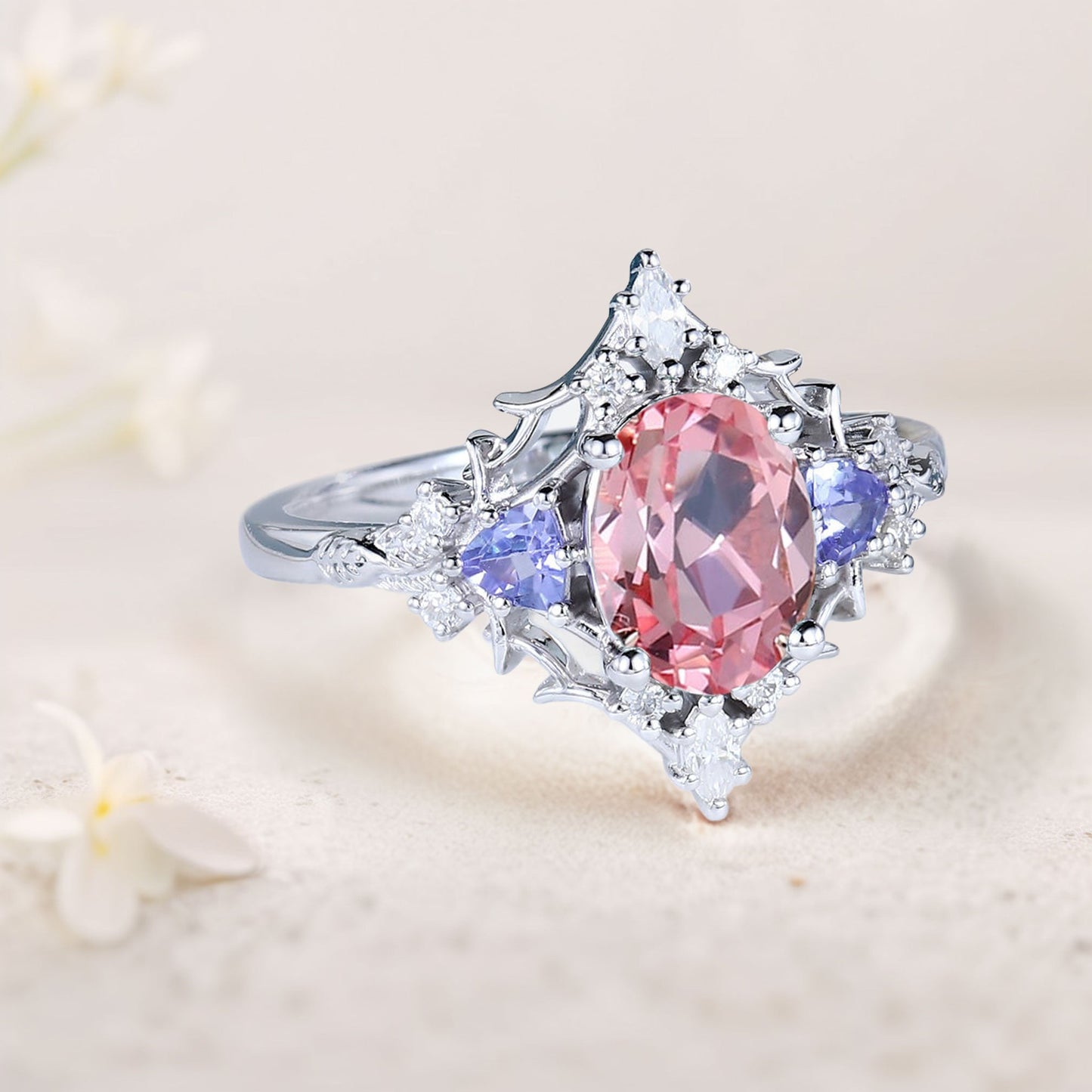 Vintage Briar Rose Oval Pink Lab Padparadscha Engagement Ring Filigree Ring