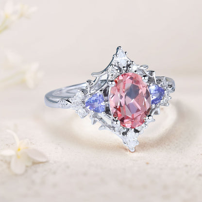 Vintage Briar Rose Oval Pink Lab Padparadscha Engagement Ring Filigree Ring
