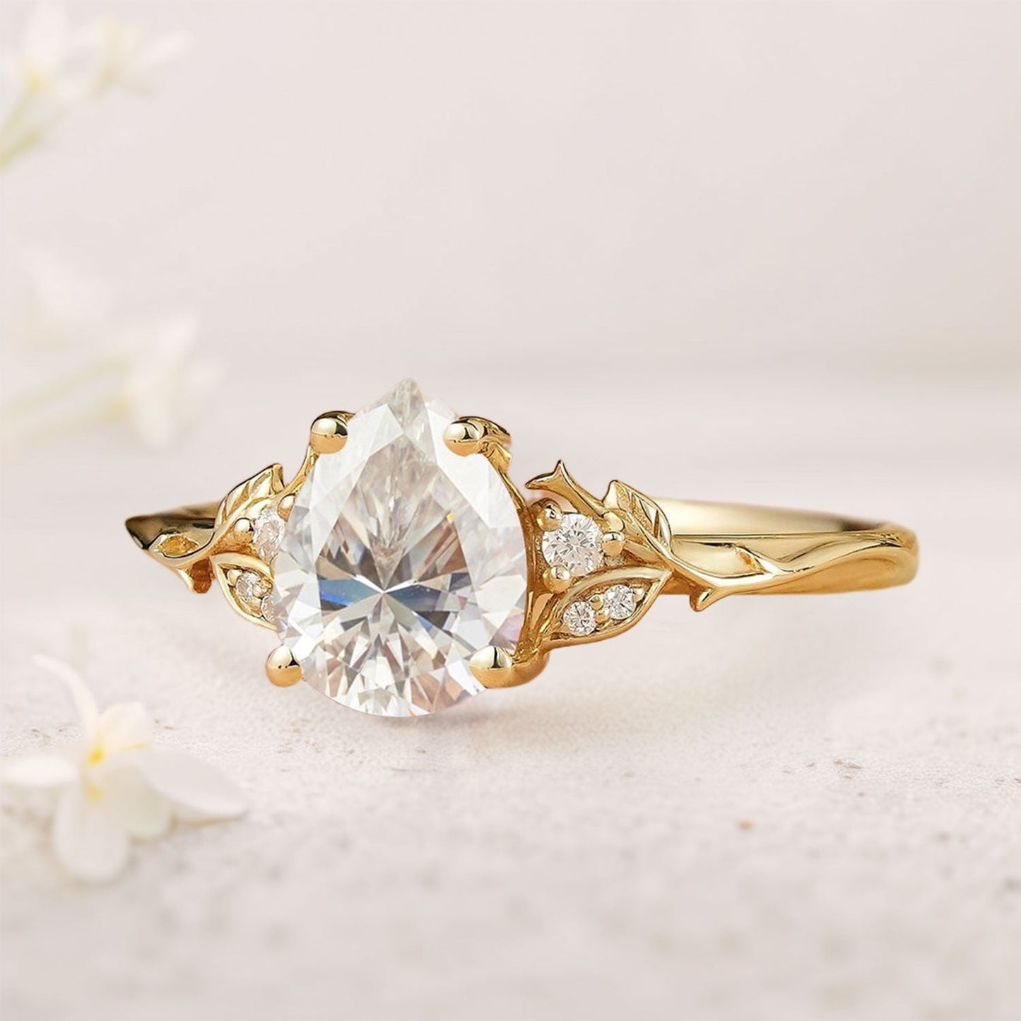 Unique Pear Moissanite Leaf And Vine Inspired Engagement Ring