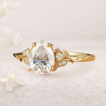 Unique Pear Moissanite Leaf And Vine Inspired Engagement Ring