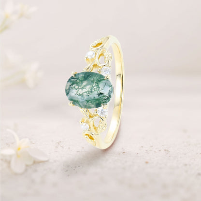 Unique floral engagement rings Oval Moss Agate Claw Engagement Ring Ornate Green Bridal Ring