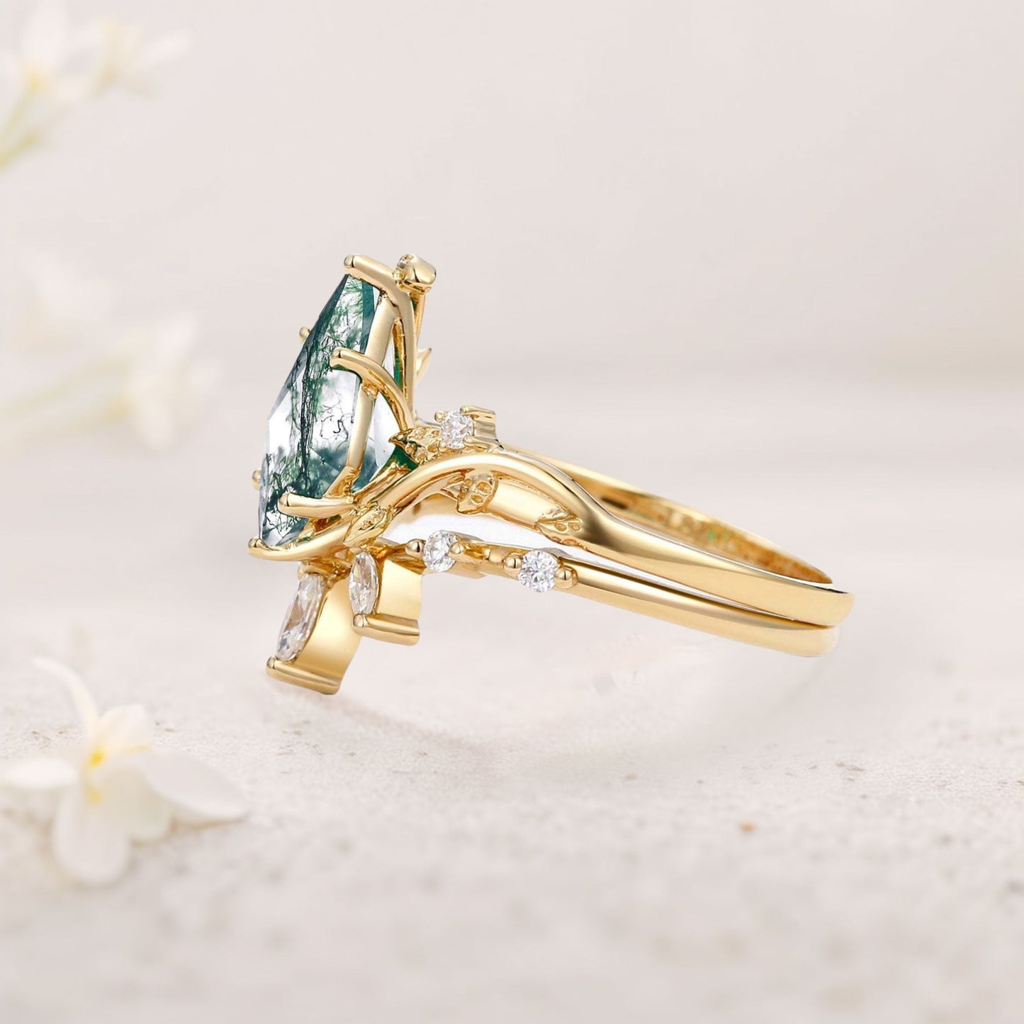 Unique floral engagement rings Kite Moss Agate Engagement Ring Set with Leafy Accents