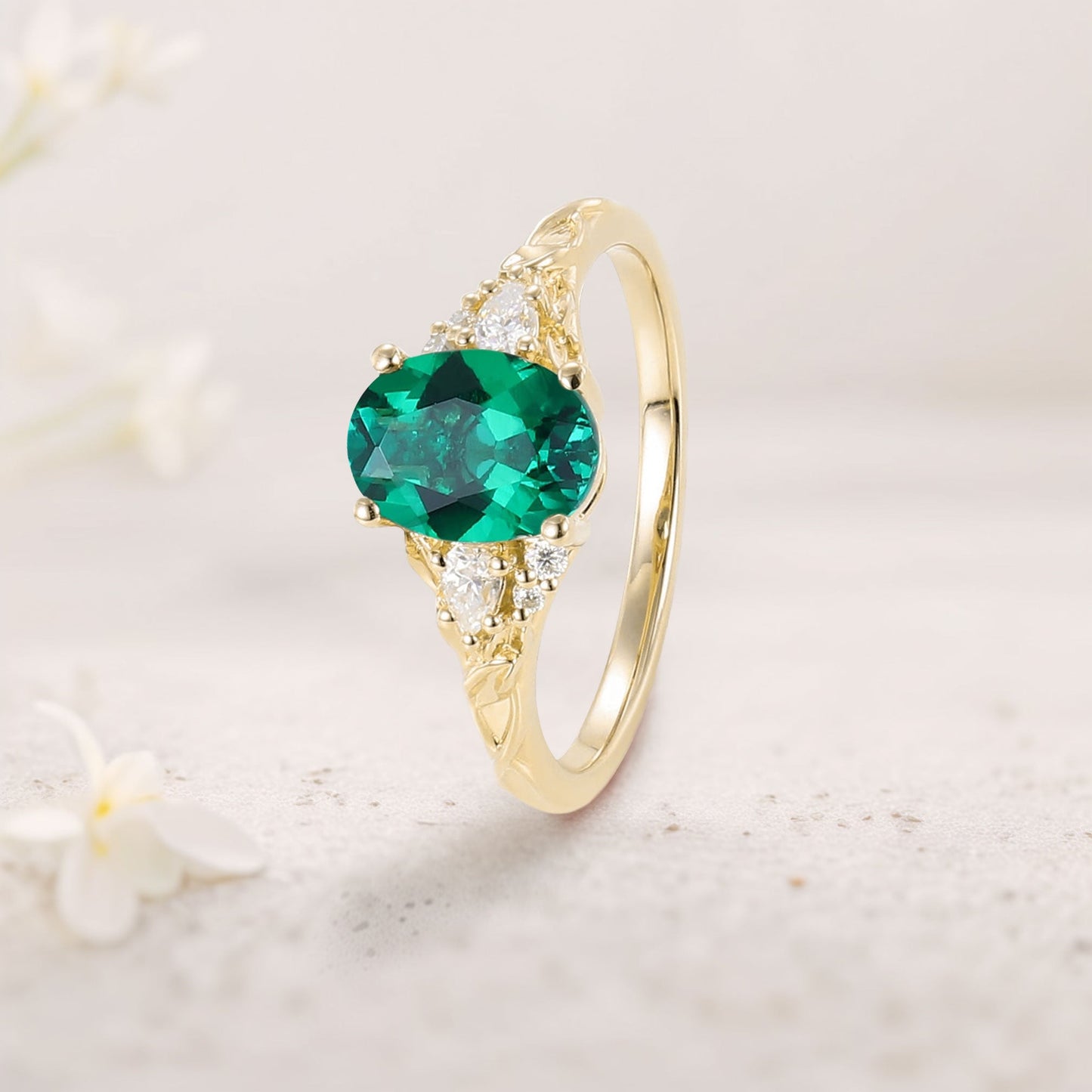 Unique Oval Lab Emerald and Moissanite Wedding Ring