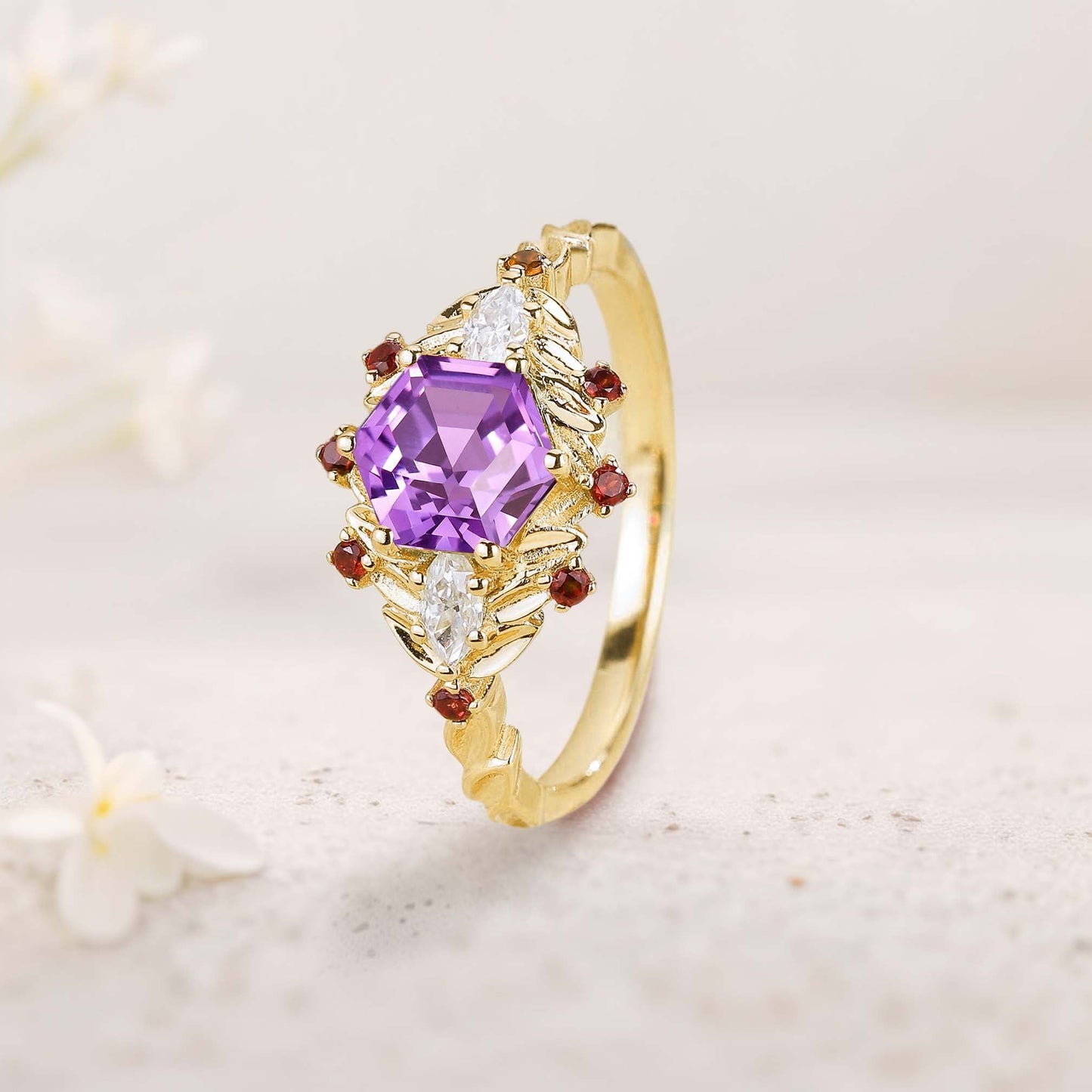 Unique floral engagement rings Hexagon Amethyst Flower Engagement Ring Leaf Wedding Ring For Women