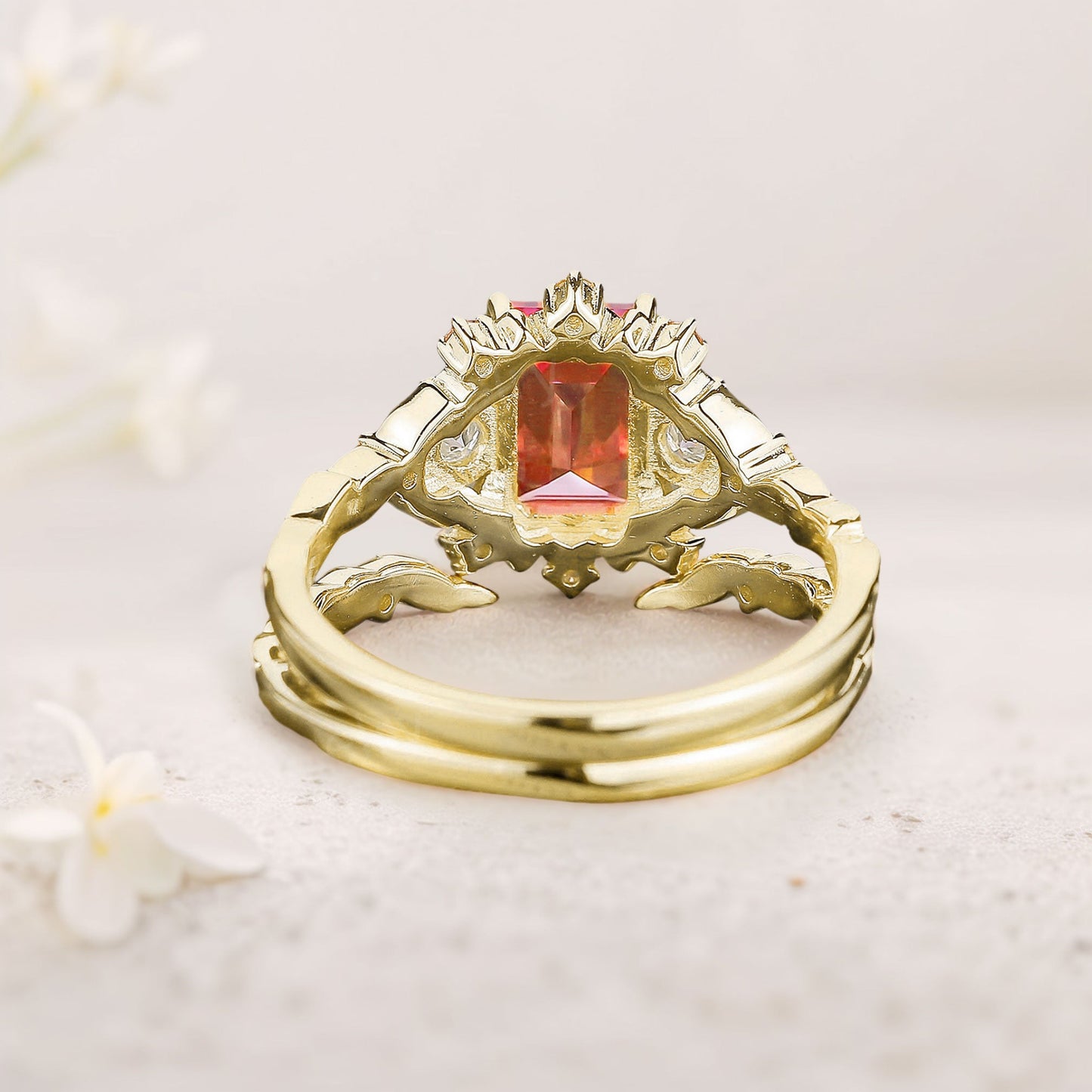 Unique Emerald Cut Lab Padparadscha Floral Engagement Ring Set