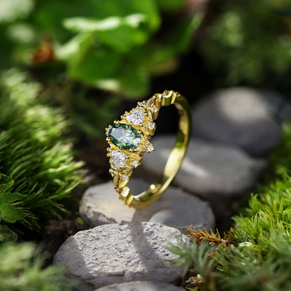 Unique Briar Rose Three Stone Oval Teal Moissanite Ring
