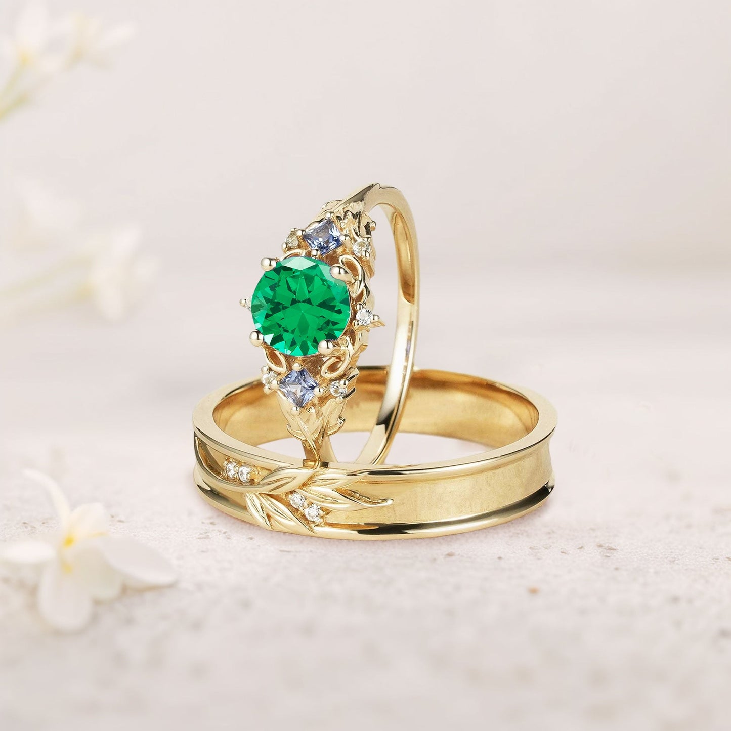 Unique Round Lab Emerald Promise Ring Engagement Ring Set for Couples