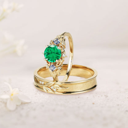 Unique Round Lab Emerald Promise Ring Engagement Ring Set for Couples