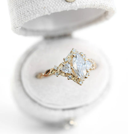 Unique Celeste Rose Three Stone Marquise Moissanite Ring