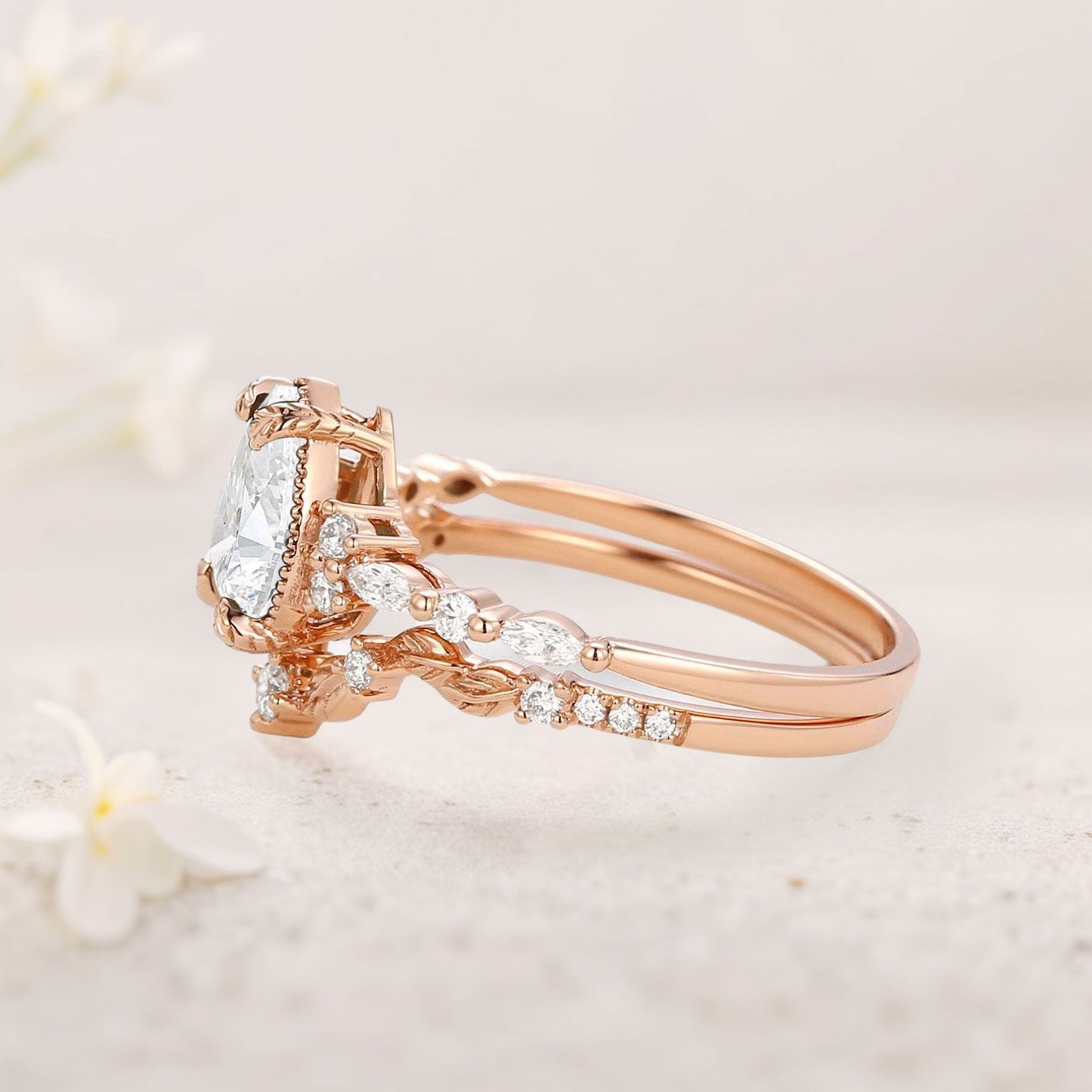 Vintage floral engagement rings Pear Moissanite Leafy Ring Set