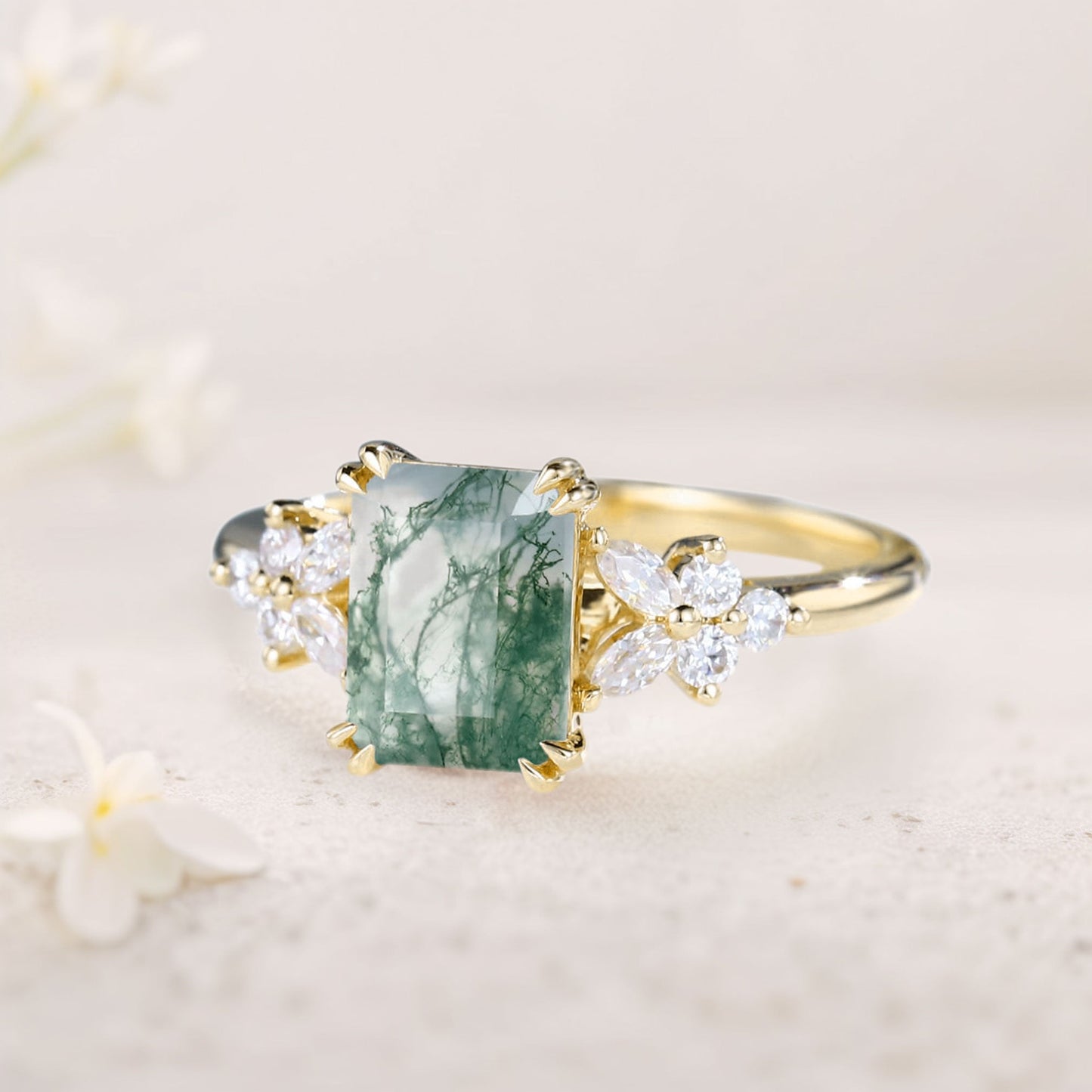 Vintage Emerald Cut Moss Agate Engagement Ring