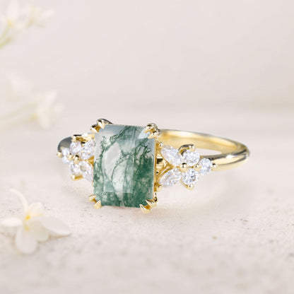 Vintage Emerald Cut Moss Agate Engagement Ring