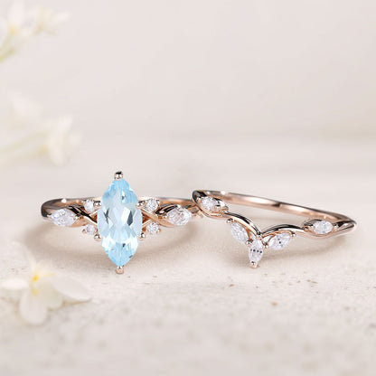 Unique Marquise Lab Aquamarine and Moissanite Wedding Ring Set Bridal Ring Set