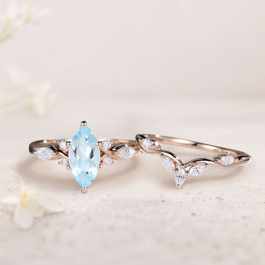 Unique Marquise Lab Aquamarine and Moissanite Wedding Ring Set Bridal Ring Set