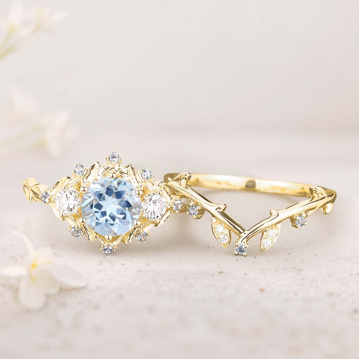 Unique floral engagement rings Round Lab Aquamarine Leaf Engagement Ring Set