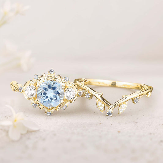 Unique floral engagement rings Round Lab Aquamarine Leaf Engagement Ring Set