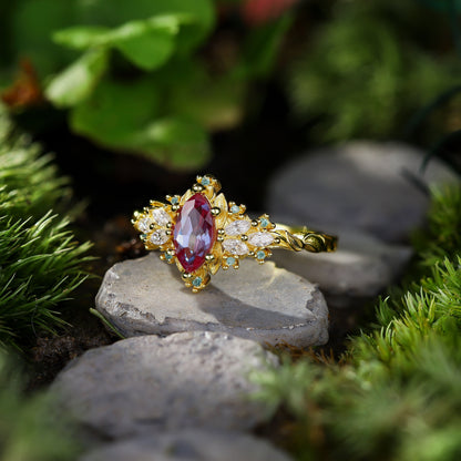 Unique Briar Rose Starlight Marquise Lab Alexandrite Ring