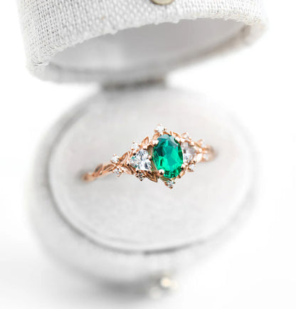 Unique Floral Rose Three Stone Oval Ring