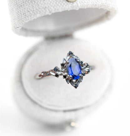 Unique Briar Rose Oval Lab Sapphire and Black Moissanite Ring
