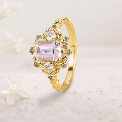 Vintage Three Stone Emerald cut Lab Morganite Engagement ring Fairy ring