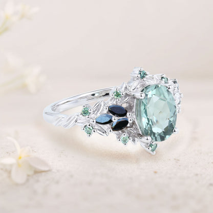 Unique Starlight Oval Green Lab Sapphire and Black Onyx Engagement Ring