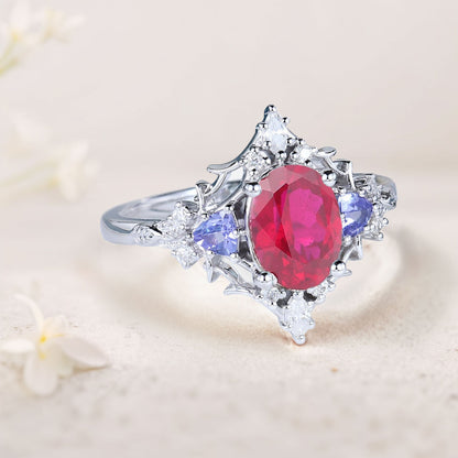 Vintage Briar Rose Oval Lab Ruby Engagement Ring Filigree Ring