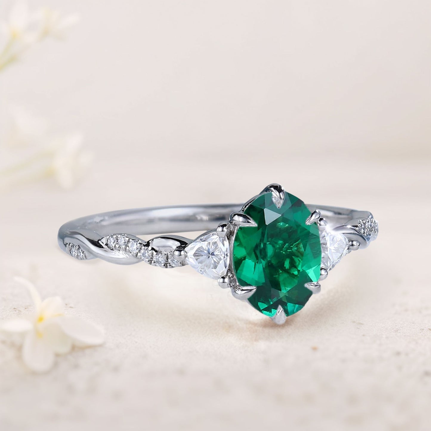 Unique Three Stone Oval Lab Emerald Ring  Engagement Ring
