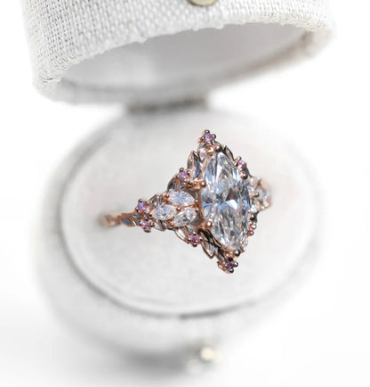 Unique Celeste Rose Starlight Marquise Moissanite and Pink Sapphire Ring