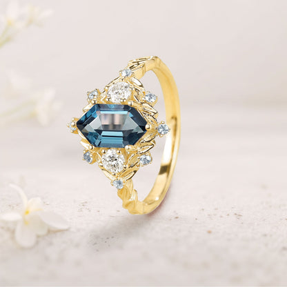 Unique floral engagement rings Long Hexagon Lab Topaz Engagement Ring Flower Leaf Design Topaz Cluster Promise Ring