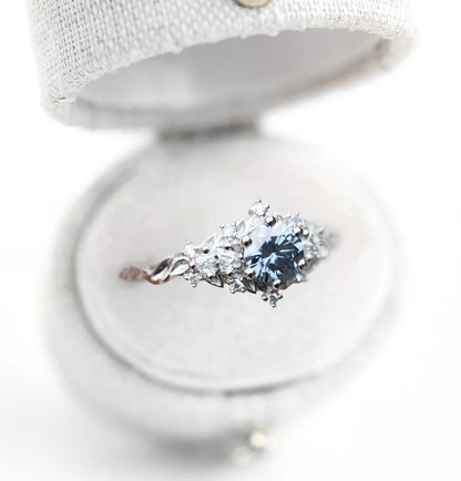 Unique Celeste Rose Three Stone Round Grey Blue Moissanite Ring