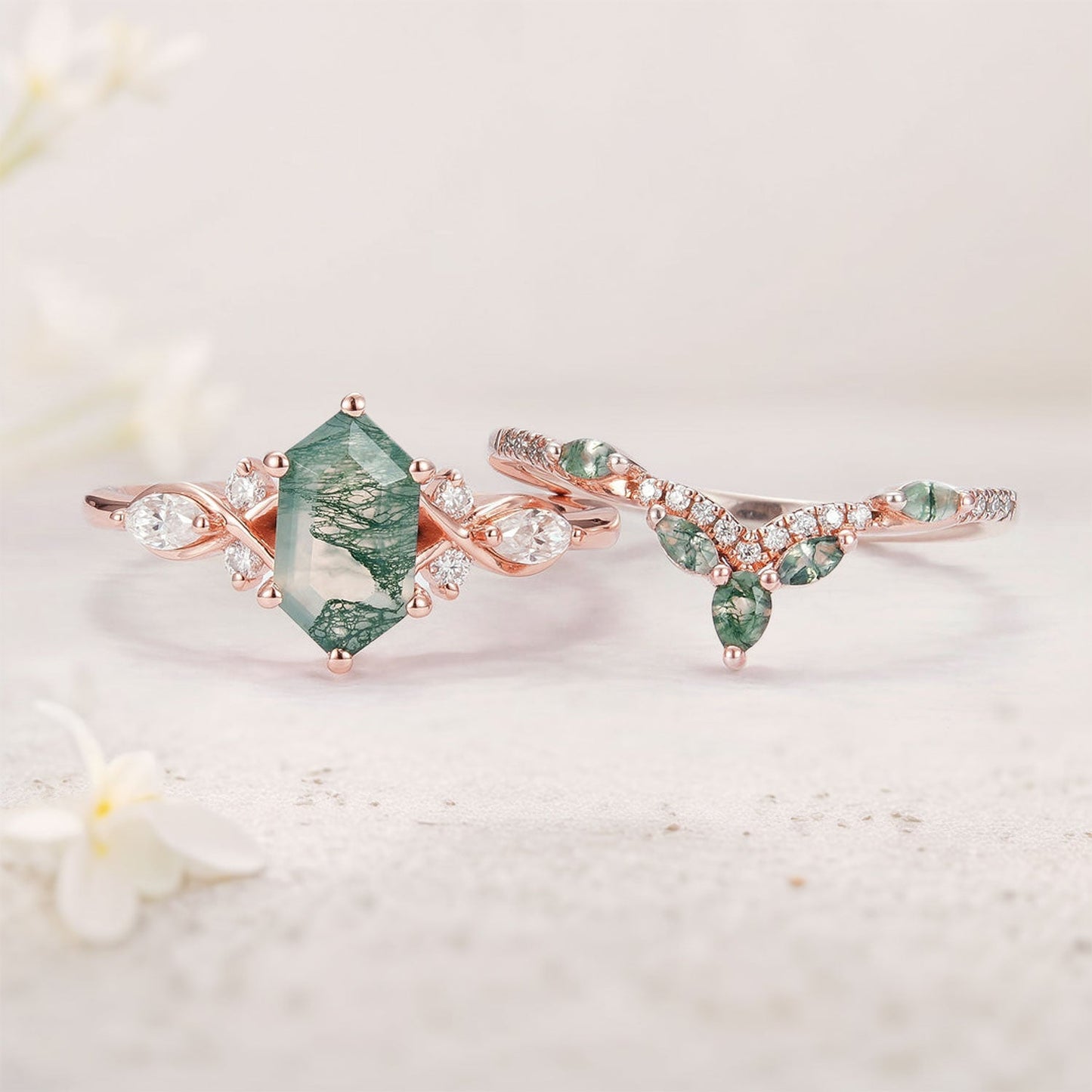 Vintage Nature Hexagon Cut Moss Agate Five Stone Ring Set