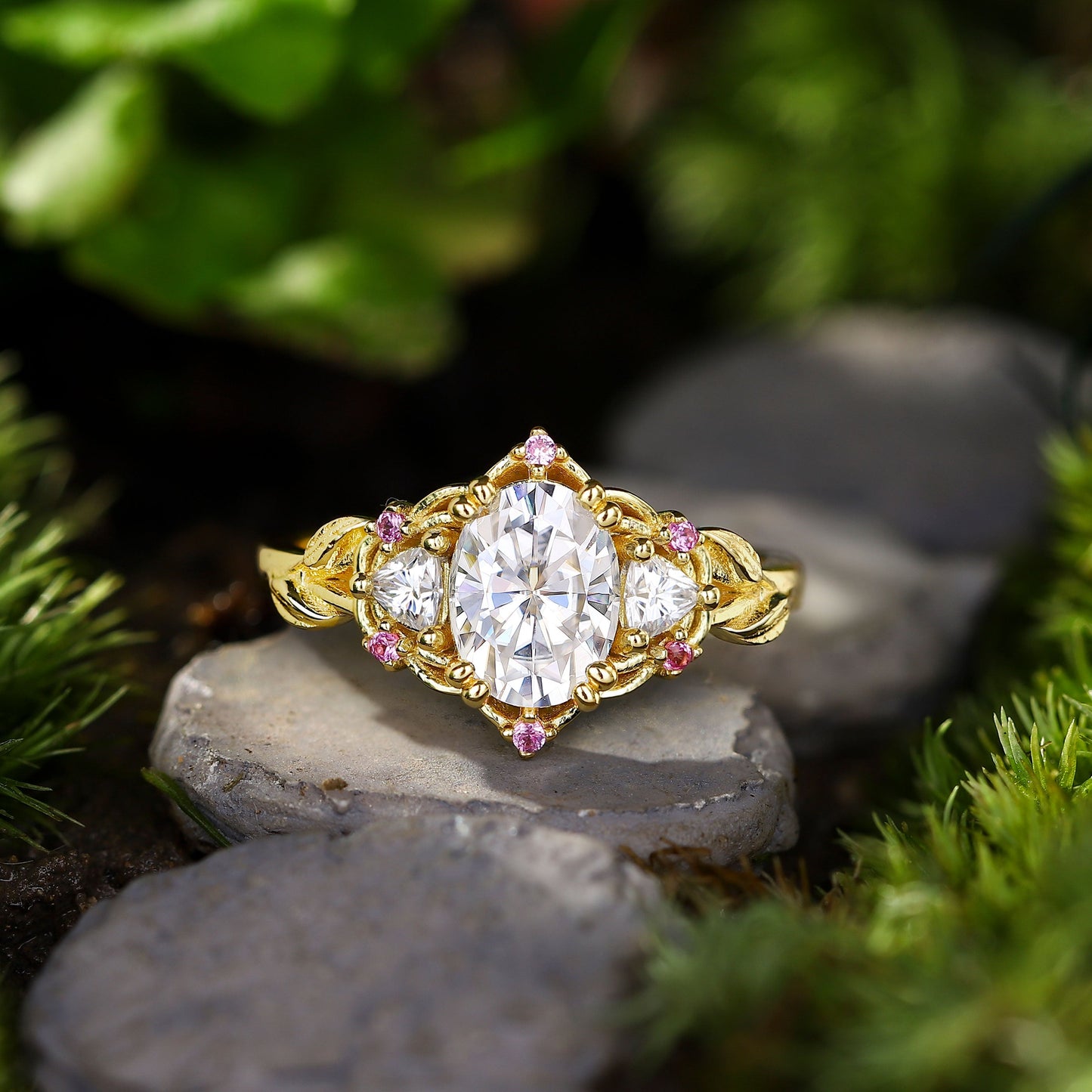 Unique Three Stone Oval Moissanite with Amethyst Engagement Ring For Women