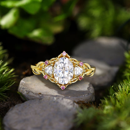 Unique Three Stone Oval Moissanite with Amethyst Engagement Ring For Women