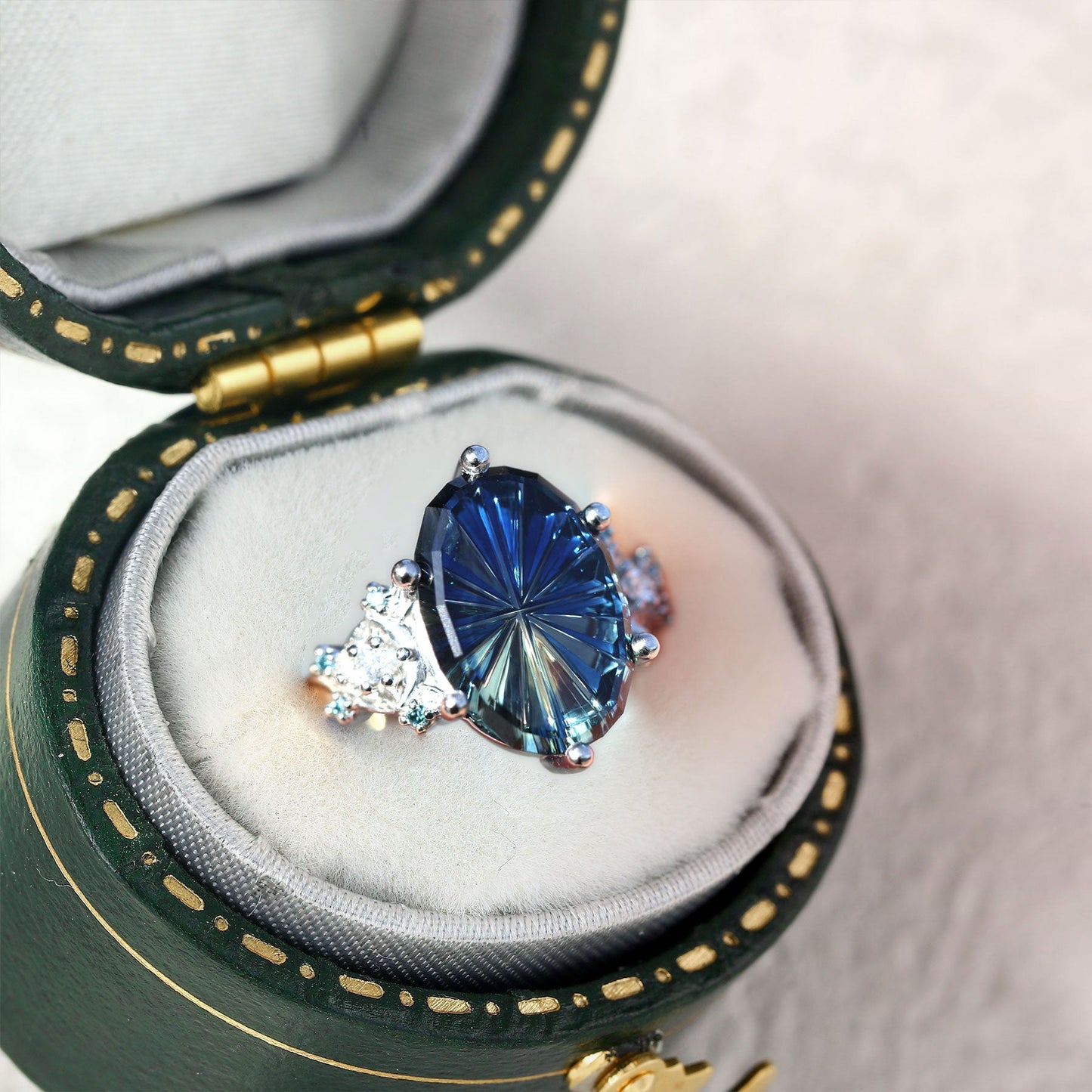 Unique Enchanted Moon Starbrite Cut Oval Blue Lab Sapphire Ring