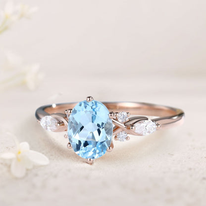 Vintage Oval Lab Aquamarine and Moissanite Split Shank Engagement Ring