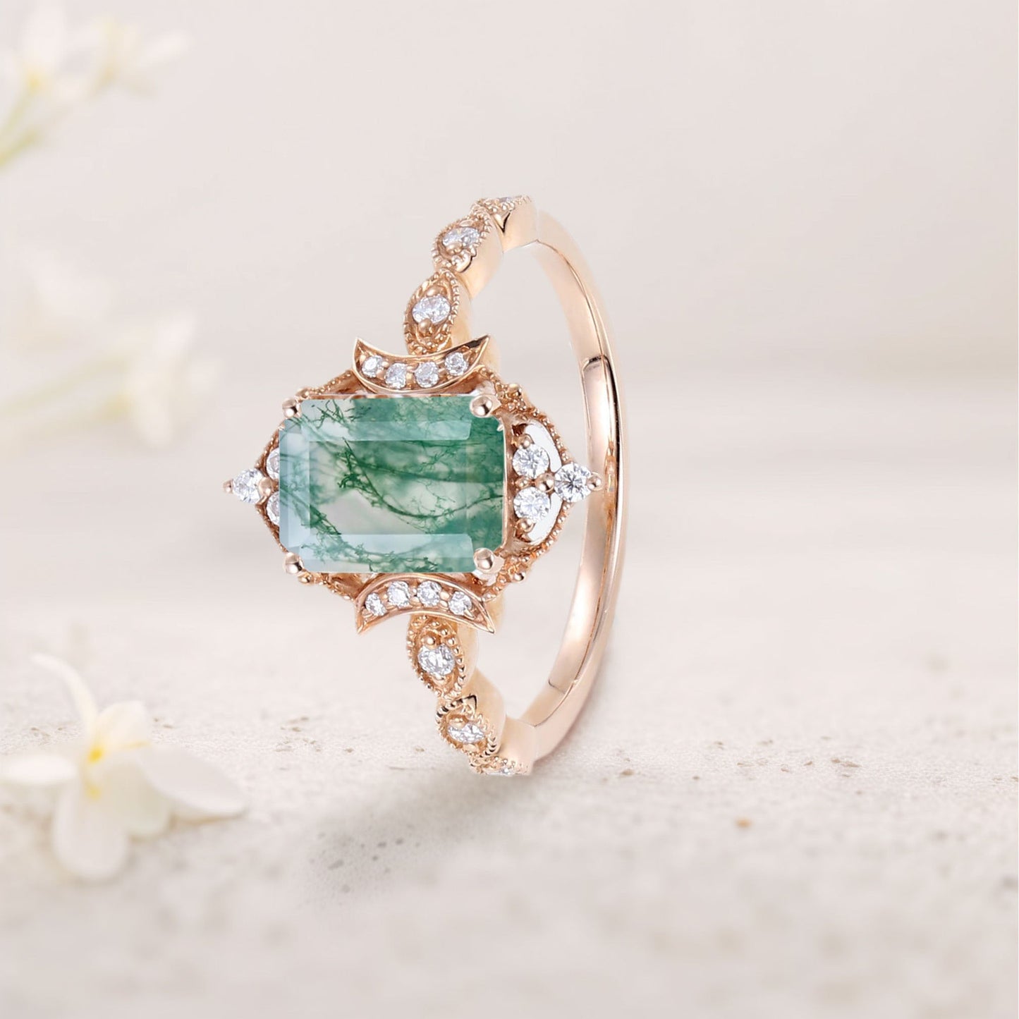 Vintage Emerald cut Moss Agate Engagement Ring Whimsical Charm Bridal Ring