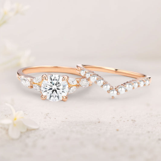 Unique floral engagement rings Round Moissanite and Pearl Engagement Ring Set