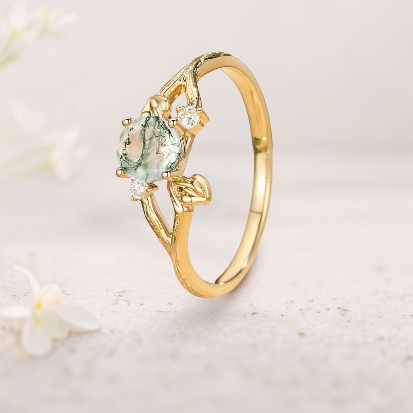 Unique floral engagement rings Round Moss Agate Leaf Engagement Ring