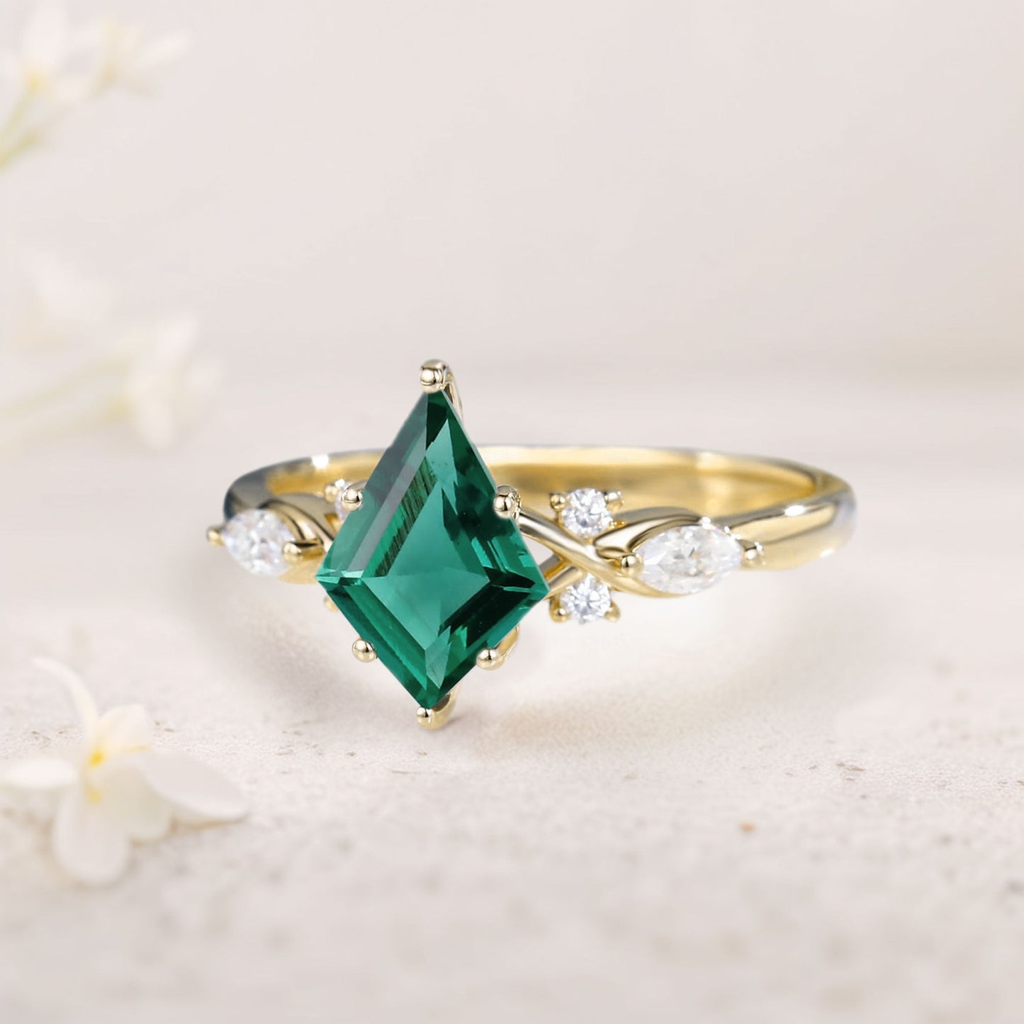 Unique Kite Lab Emerald Engagement Ring Art Deco Promise Ring