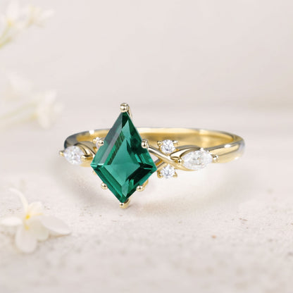 Unique Kite Lab Emerald Engagement Ring Art Deco Promise Ring