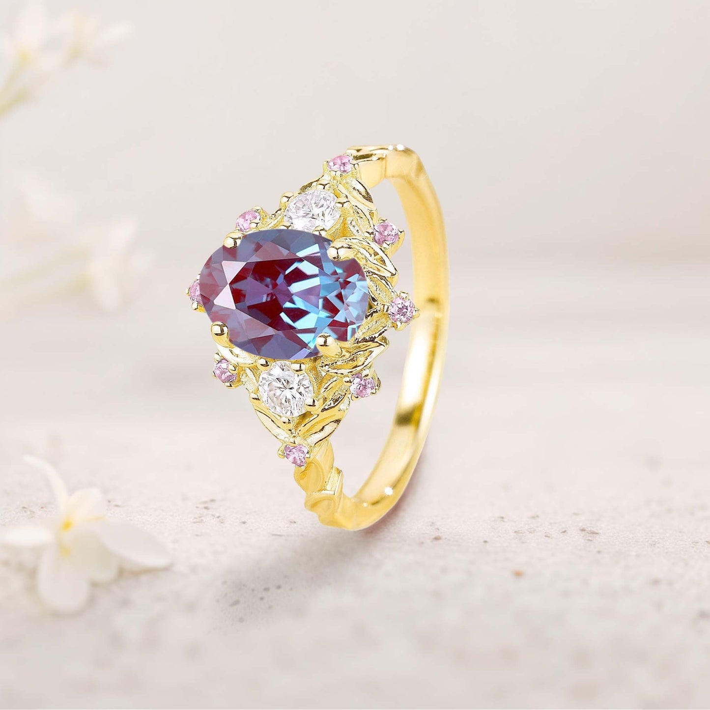 Unique Three Stone Oval Lab Alexandrite Flower Engagement Ring Amethyst Cluster Bridal Ring