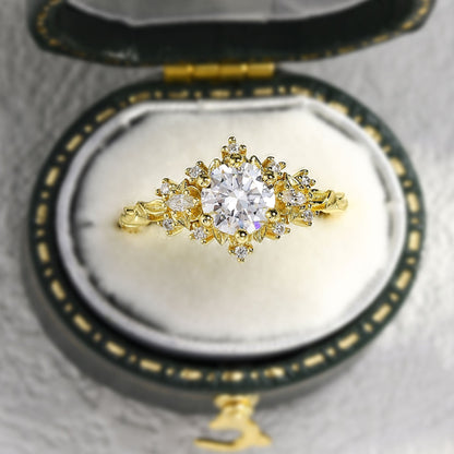 Unique floral engagement rings Rose Three Stone Round Moissanite Ring