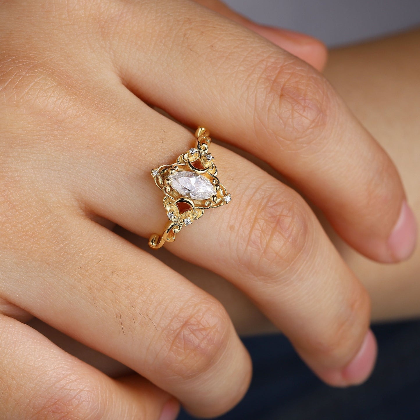 Unique Aurora Moon Marquise Moissanite Ring