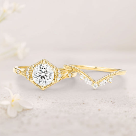 Unique floral engagement rings Round Moissanite Wedding Ring Set For Women