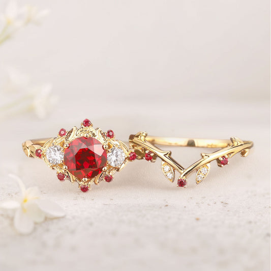 Vintage floral engagement rings Round Lab Ruby Bridal Promise Ring Set Ruby Leaf Engagement Ring Set